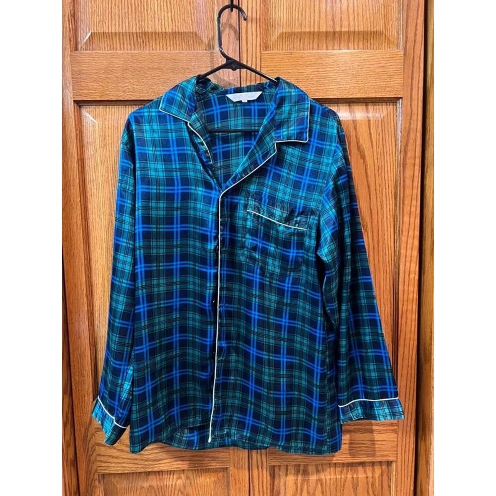 Silk Road Women’s Medium Blue Green Plaid Satin Pajama Shirt Y2K Sleepwear